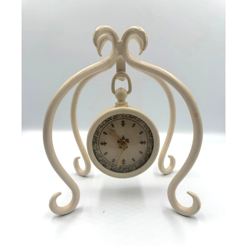 Vintage Prestige Cream Metal Scrollwork Desk Clock Fleur De Lis Face Untested
